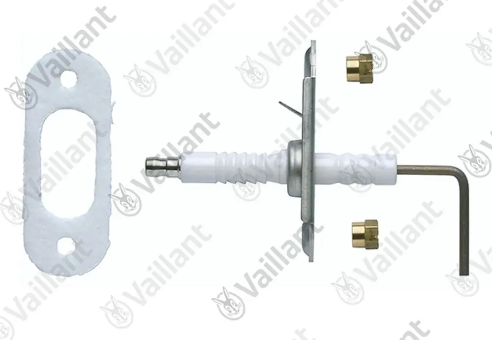 Vaillant Elektrode zur Überwachung, kombiniert mit Halterung und Anschlussteilen, in einem klaren Layout zur Installation in Heizsystemen.